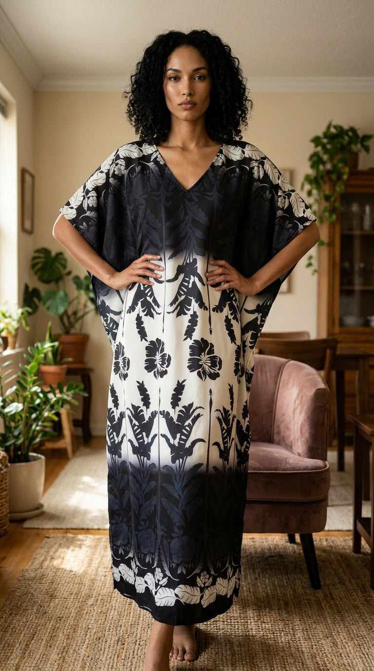 Black and Cream Floral Plus Size Kaftan for Women 1X-3X | GypsieBlu