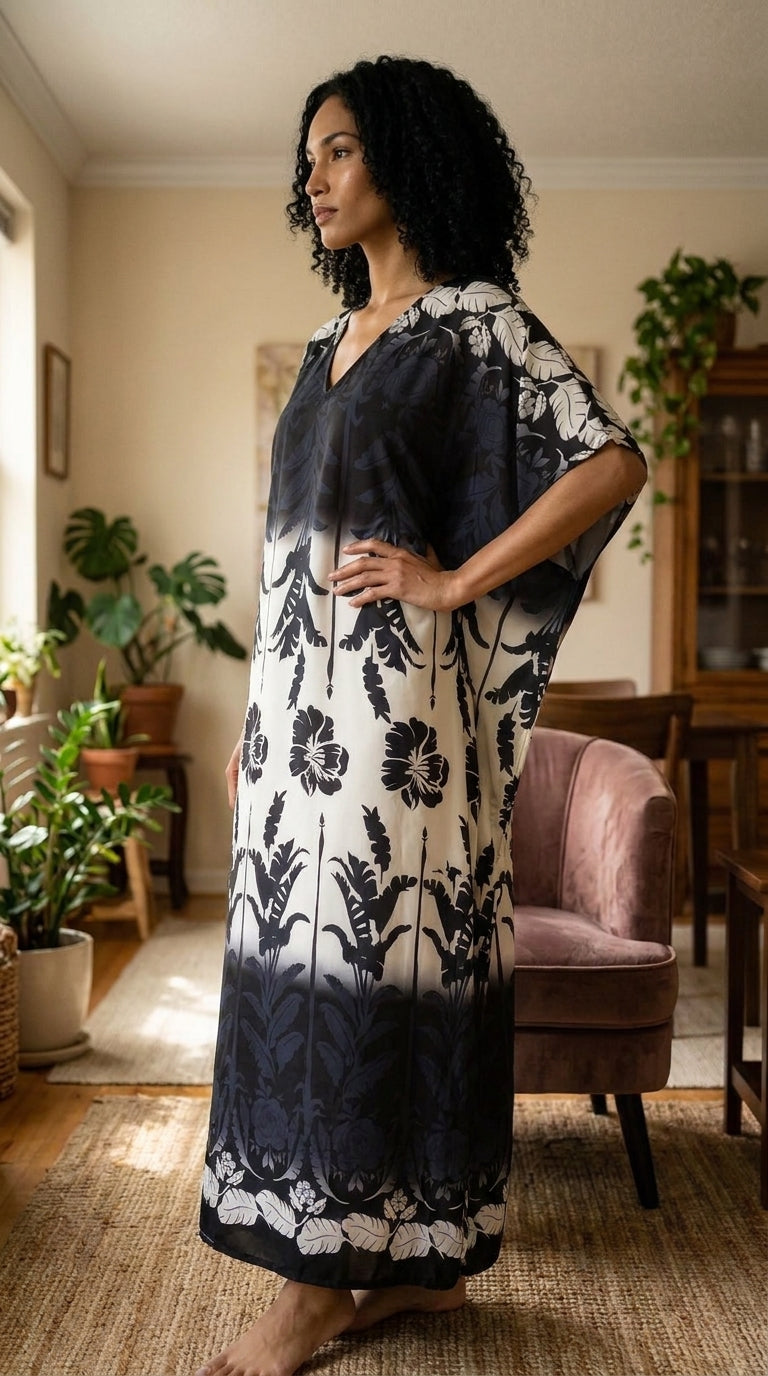 Black and Cream Floral Plus Size Kaftan for Women 1X-3X | GypsieBlu