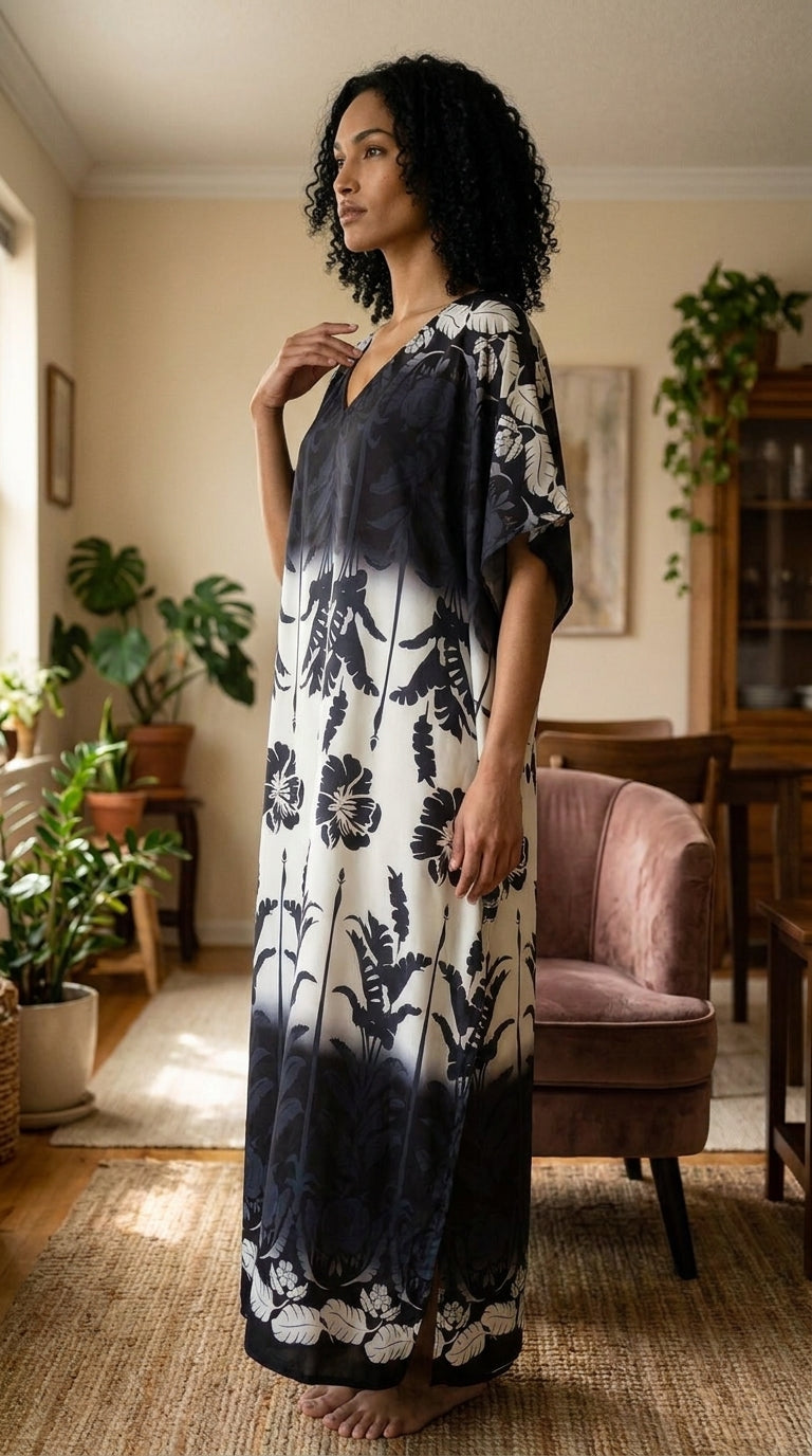 Black and Cream Floral Plus Size Kaftan for Women 1X-3X | GypsieBlu