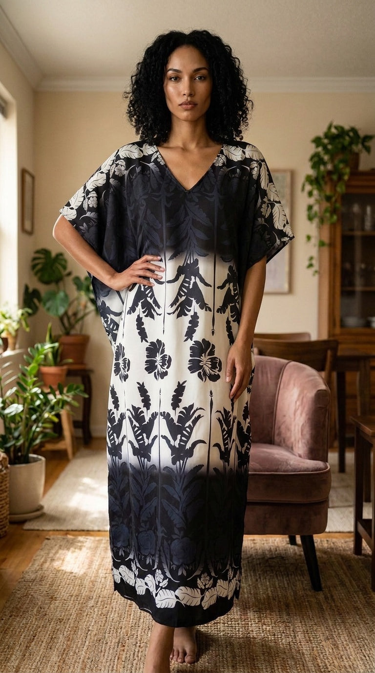 Black and Cream Floral Plus Size Kaftan for Women 1X-3X | GypsieBlu