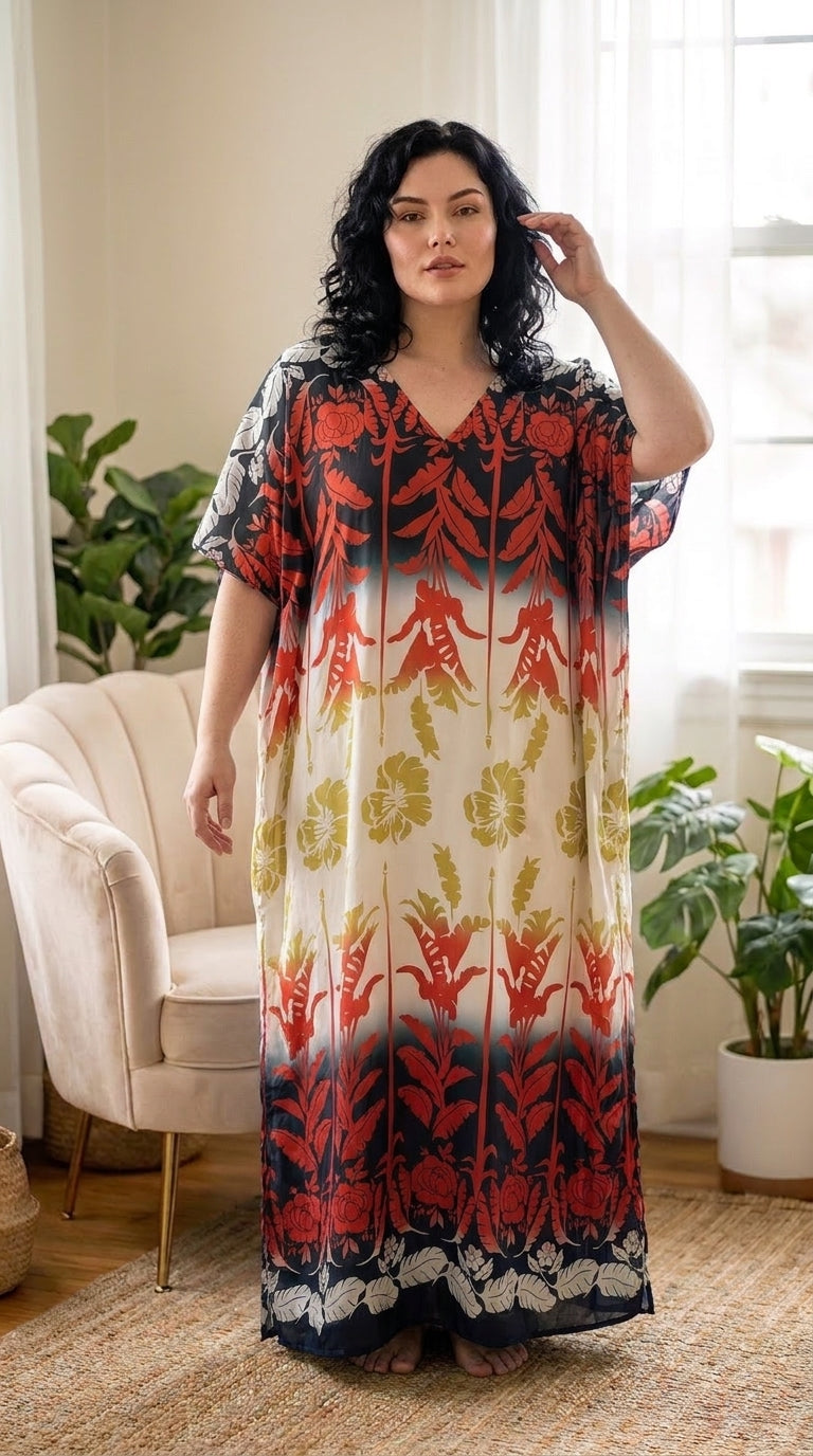 Black and Cream Floral Plus Size Kaftan for Women 1X-3X | GypsieBlu