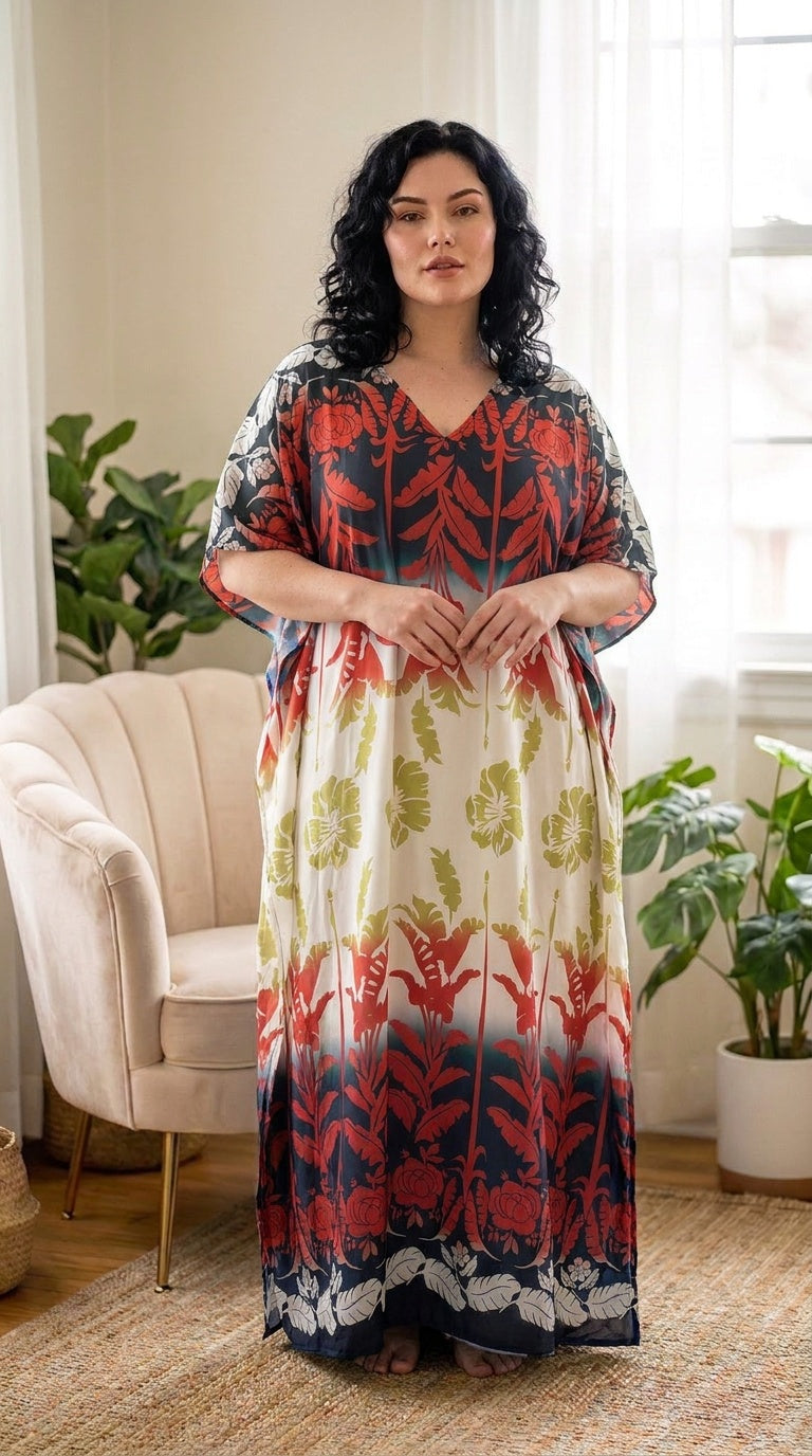Black and Cream Floral Plus Size Kaftan for Women 1X-3X | GypsieBlu