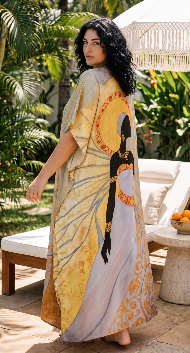 Light Beige African Women Print Plus Size Kaftan 1X-3X | GypsieBlu