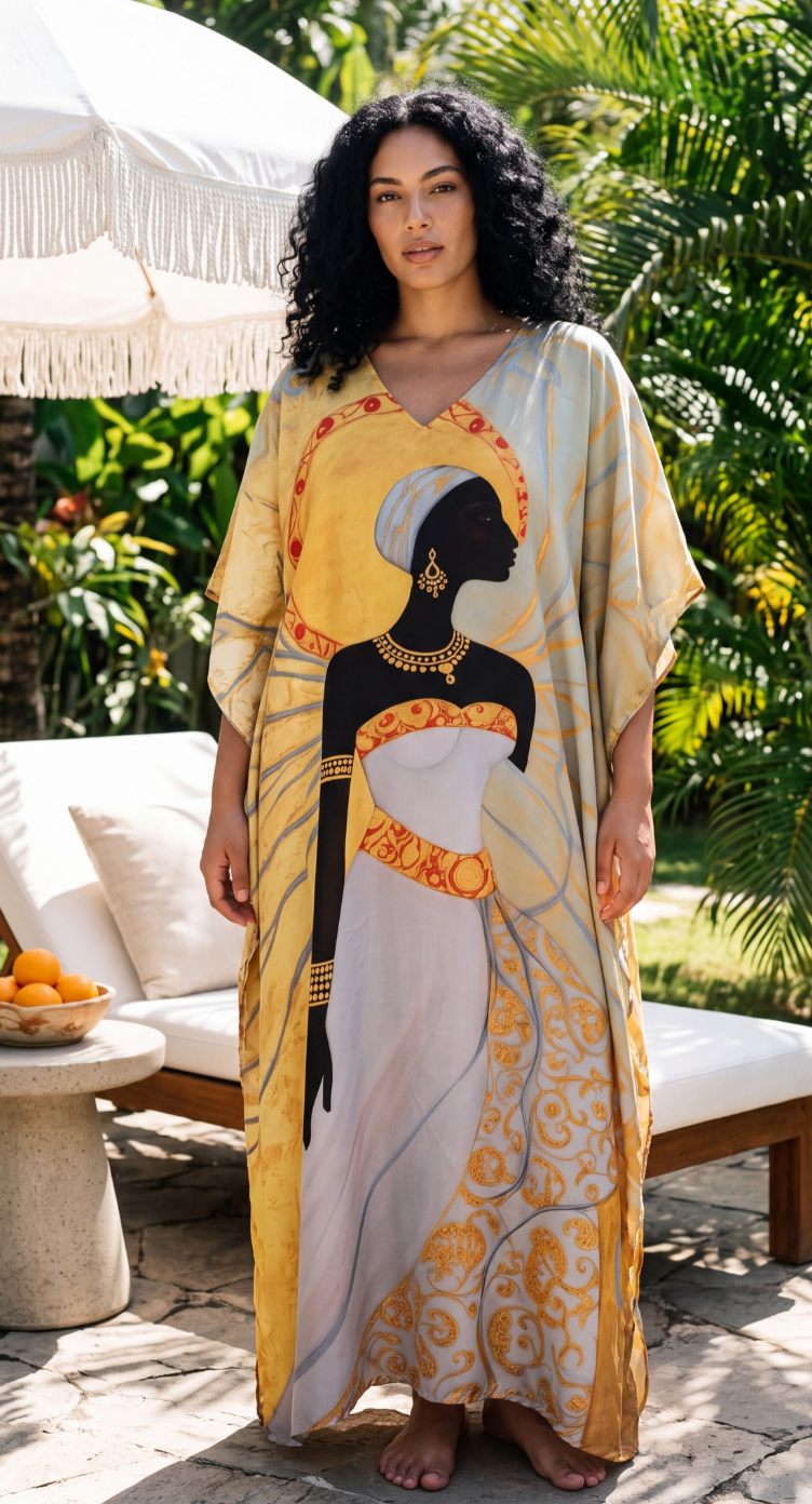 Light Beige African Women Print Plus Size Kaftan 1X-3X | GypsieBlu