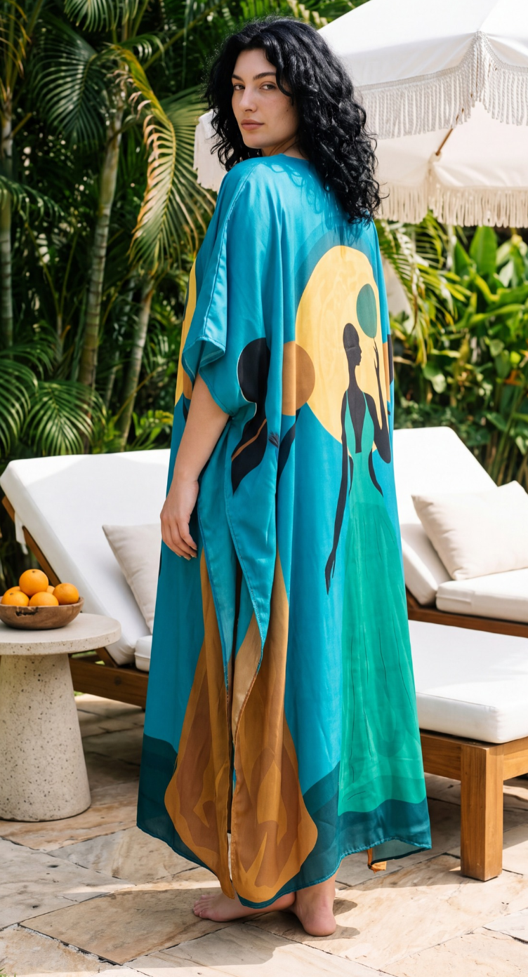 Teal African women print plus size kaftan, side view