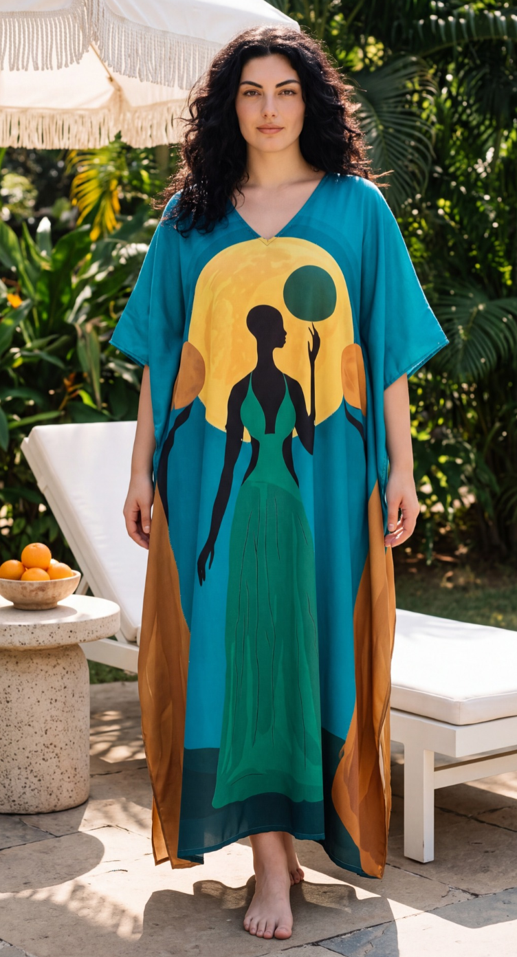 Plus size caftan dress - Teal African women print plus size kaftan, front view