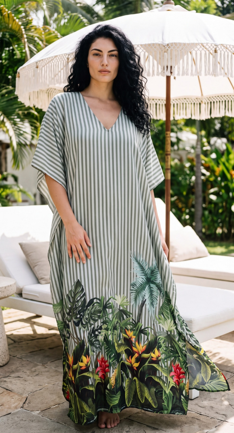 Light Green Striped Plus Size Kaftan for Women 1X-3X | GypsieBlu