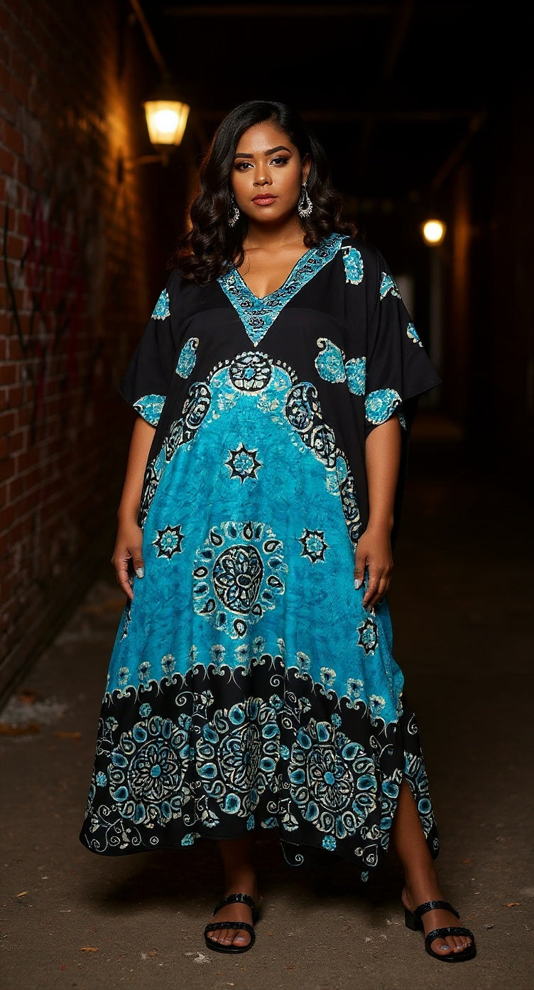 Paisley Printed Black Polyester Plus Size Kaftan Dress For Women