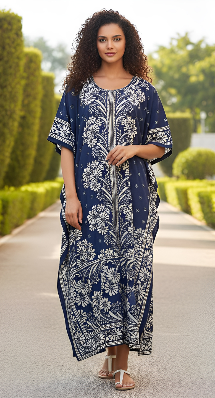 Navy Polyester Floral Print Lightweight Kaftan For Plus Size Women