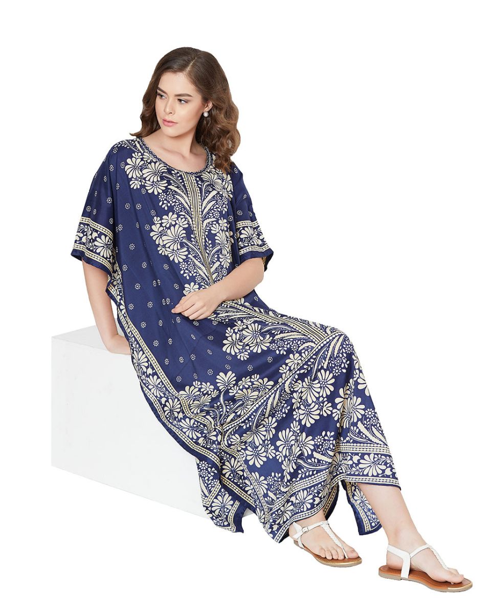 Navy Polyester Floral Print Lightweight Kaftan For Plus Size Women