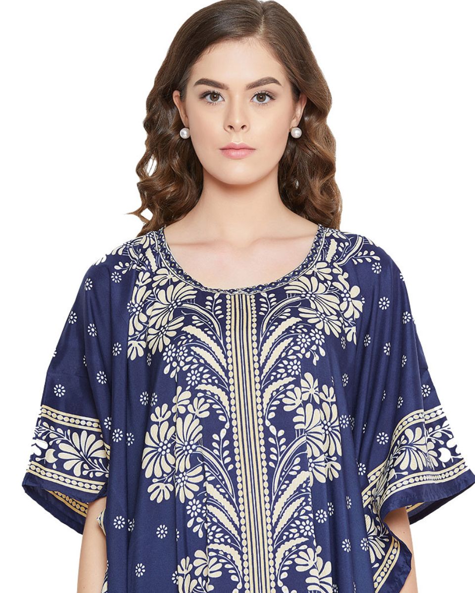 Navy Polyester Floral Print Lightweight Kaftan For Plus Size Women