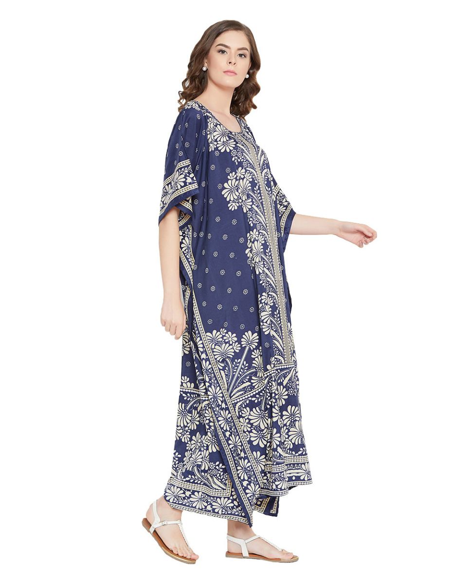 Navy Polyester Floral Print Lightweight Kaftan For Plus Size Women