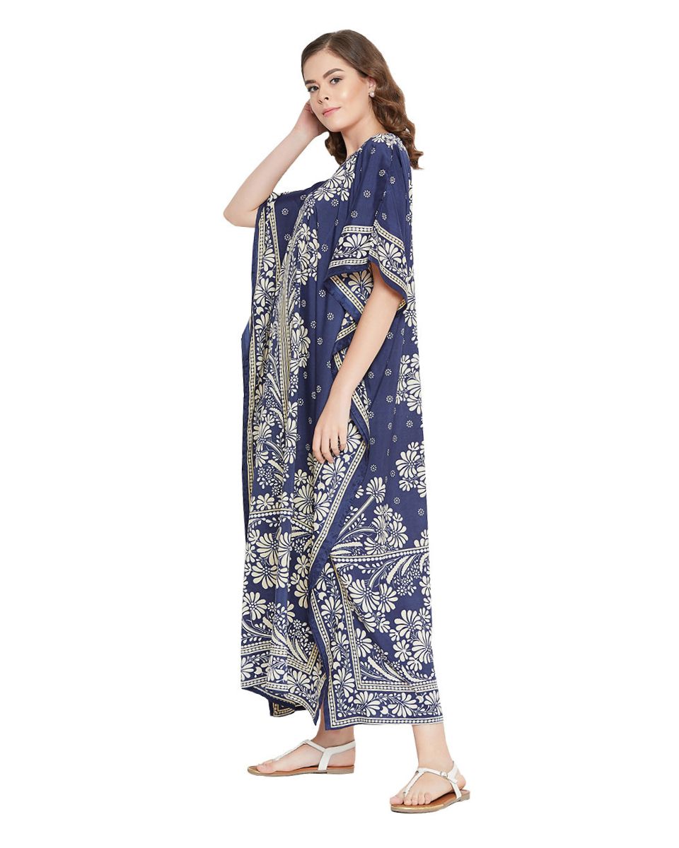 Navy Polyester Floral Print Lightweight Kaftan For Plus Size Women