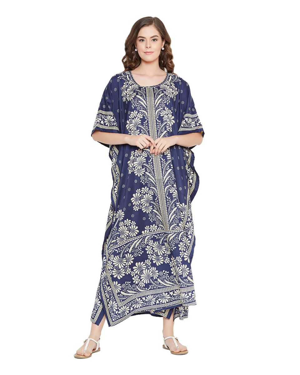 Navy Polyester Floral Print Lightweight Kaftan For Plus Size Women