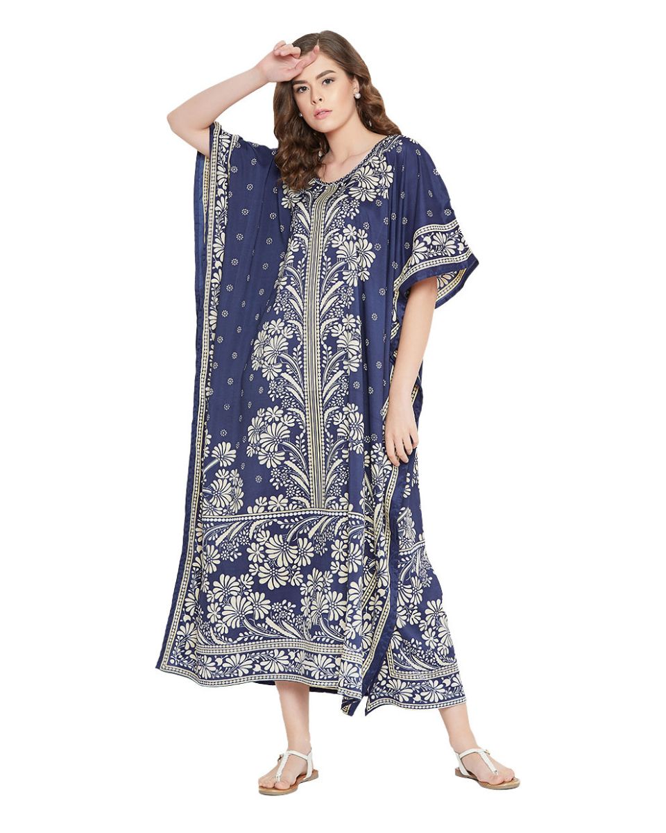 Navy Polyester Floral Print Lightweight Kaftan For Plus Size Women