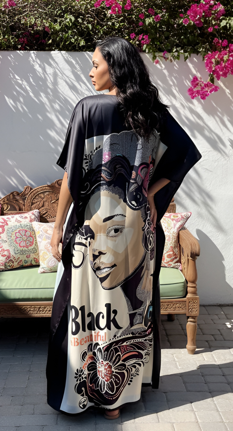 Elegant Black Satin Lady Print Plus Size Kaftan Maxi Dress for Women
