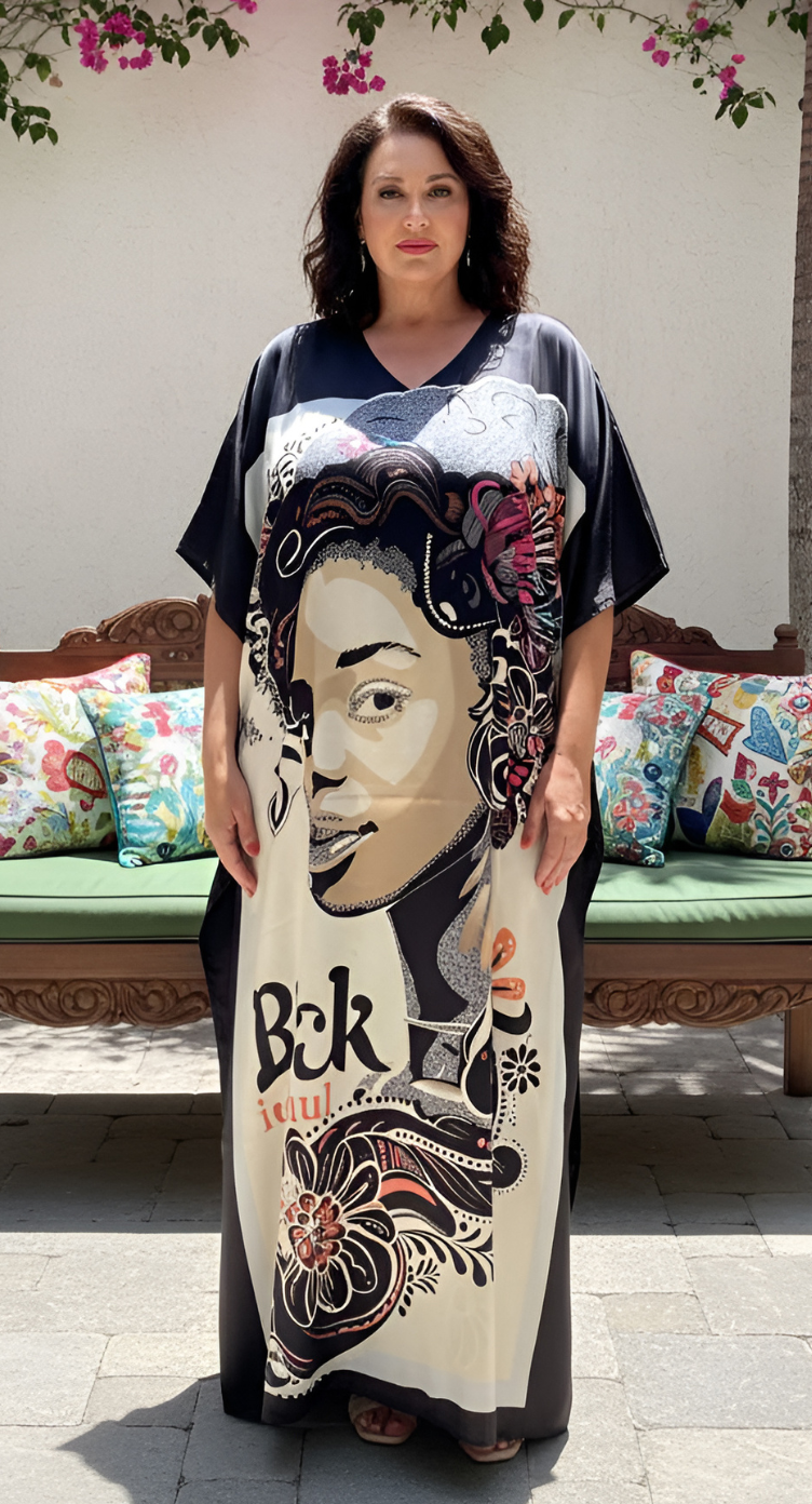 Elegant Black Satin Lady Print Plus Size Kaftan Maxi Dress for Women