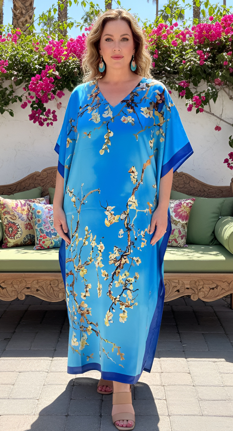 Sky Blue Floral Satin Plus Size Kaftan Maxi Dress Boho Summer Lounge Style