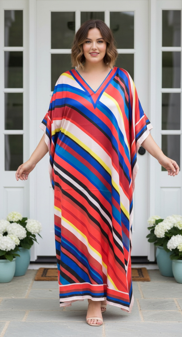 Striped Multicolor Satin Women Plus Size Boho Kaftan Maxi Resort Wear