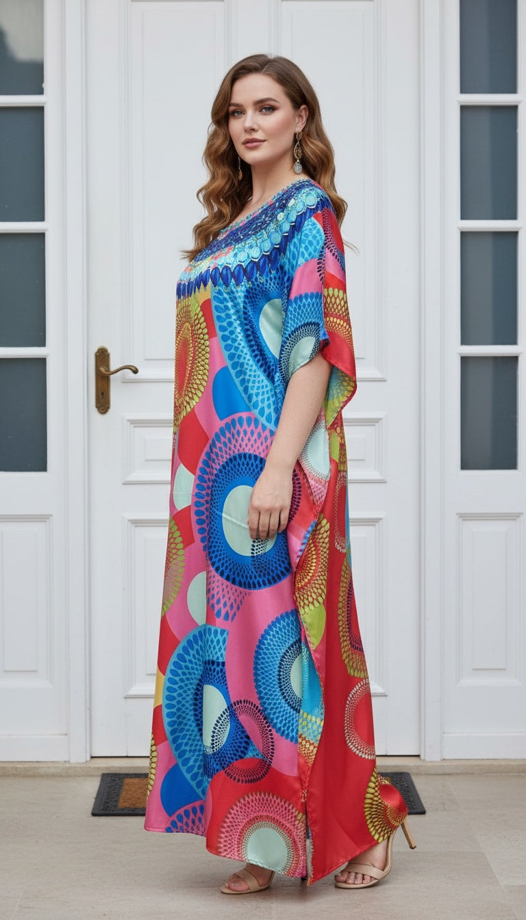 Red Geometric Satin Plus Size Kaftan Dress for Women Summer