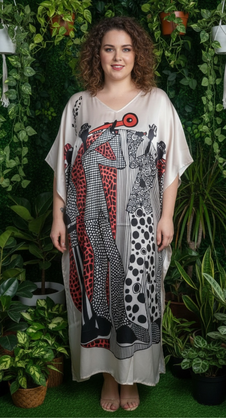 Afro Musical off White Satin Plus Size Kaftan Dress for Lounge Wear