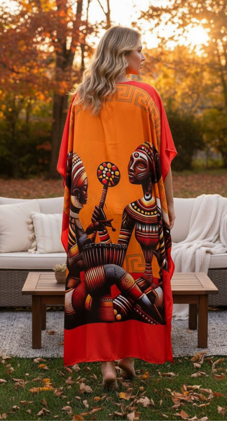 Orange Tribal Satin Women Plus Size Caftan Beach Dress