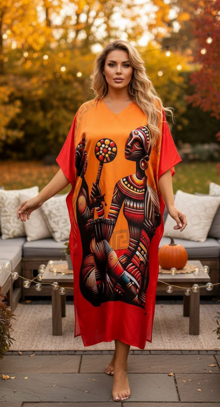 Orange Tribal Satin Women Plus Size Caftan Beach Dress