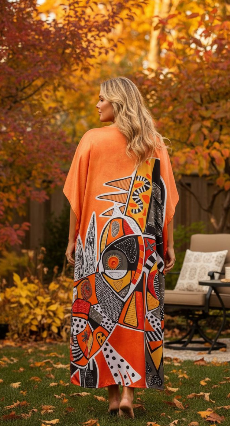 Orange Tribal Plus Size Satin Caftan for Women