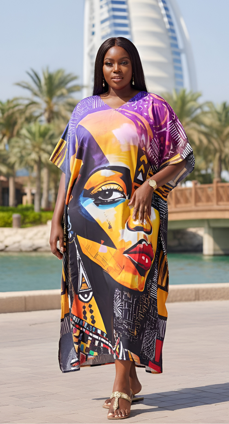 Tribal Black Satin Silk Women Plus Size Caftan Dress