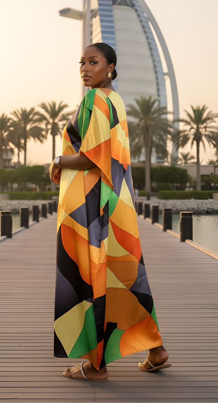 Geometric Orange Satin Silk Plus Size Kaftan Dress for Women