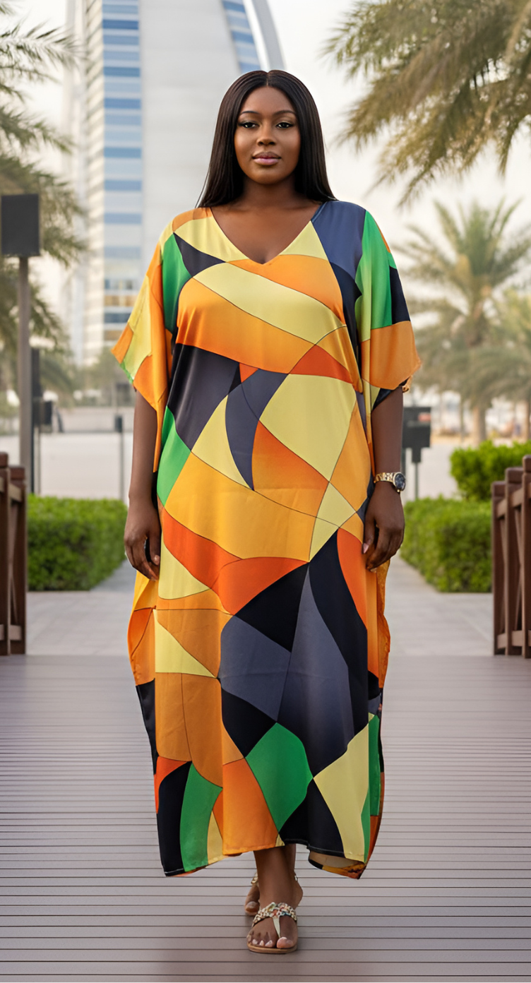 Geometric Orange Satin Silk Plus Size Kaftan Dress for Women