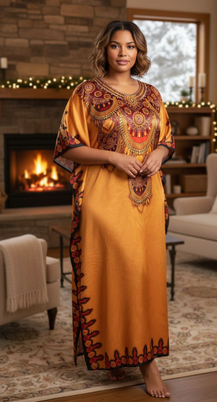 Golden Yellow Dashiki Satin Plus Size Caftan Loungewear Dress
