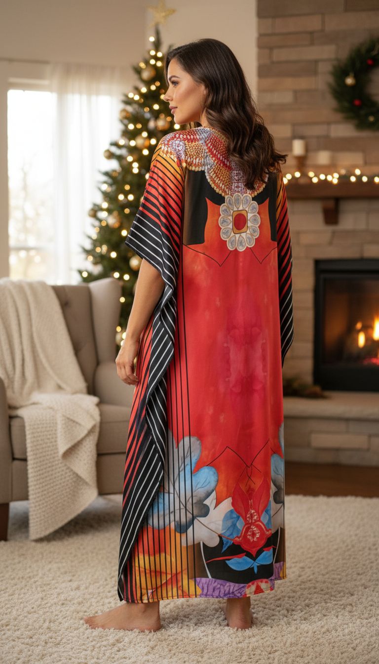 Black Chain Motif Satin Women Plus Size Kaftan Lounge Dress 1X-3X