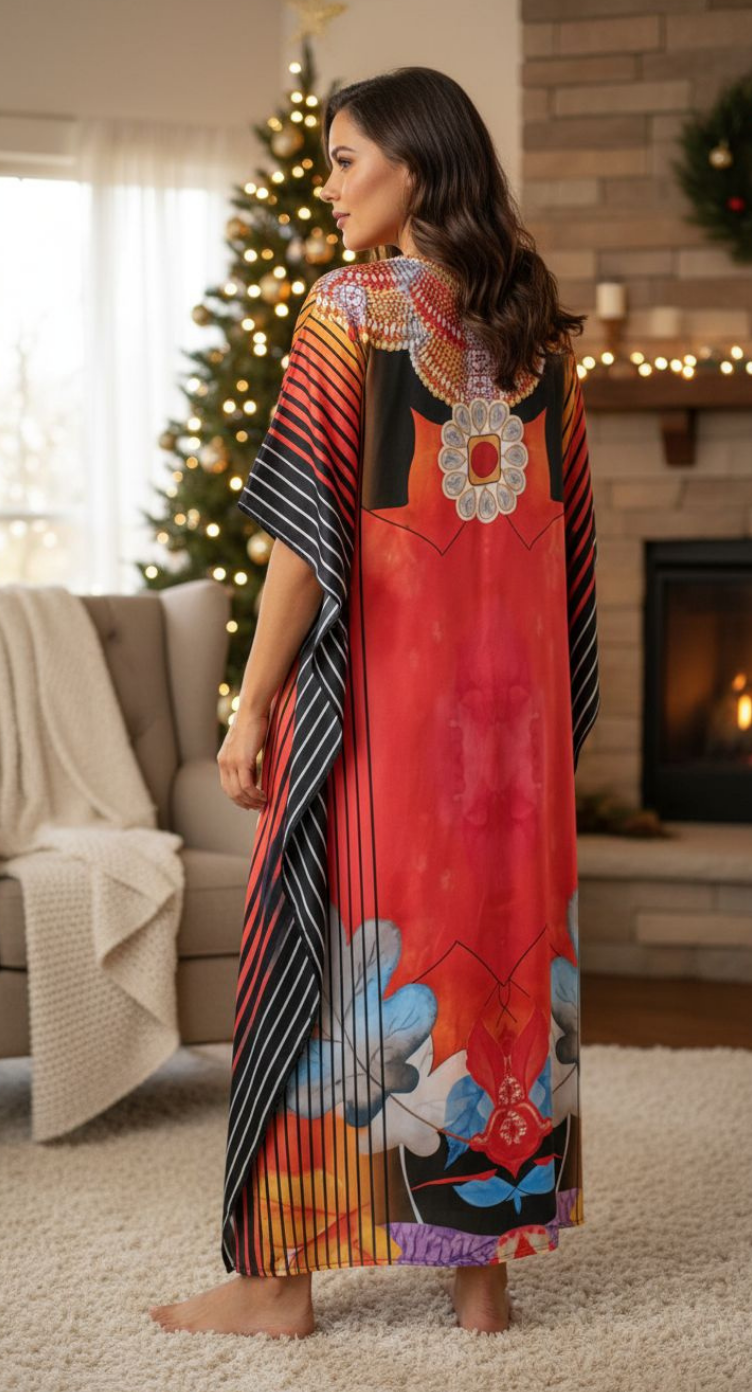 Black Chain Motif Satin Plus Size Kaftan Dress for Women