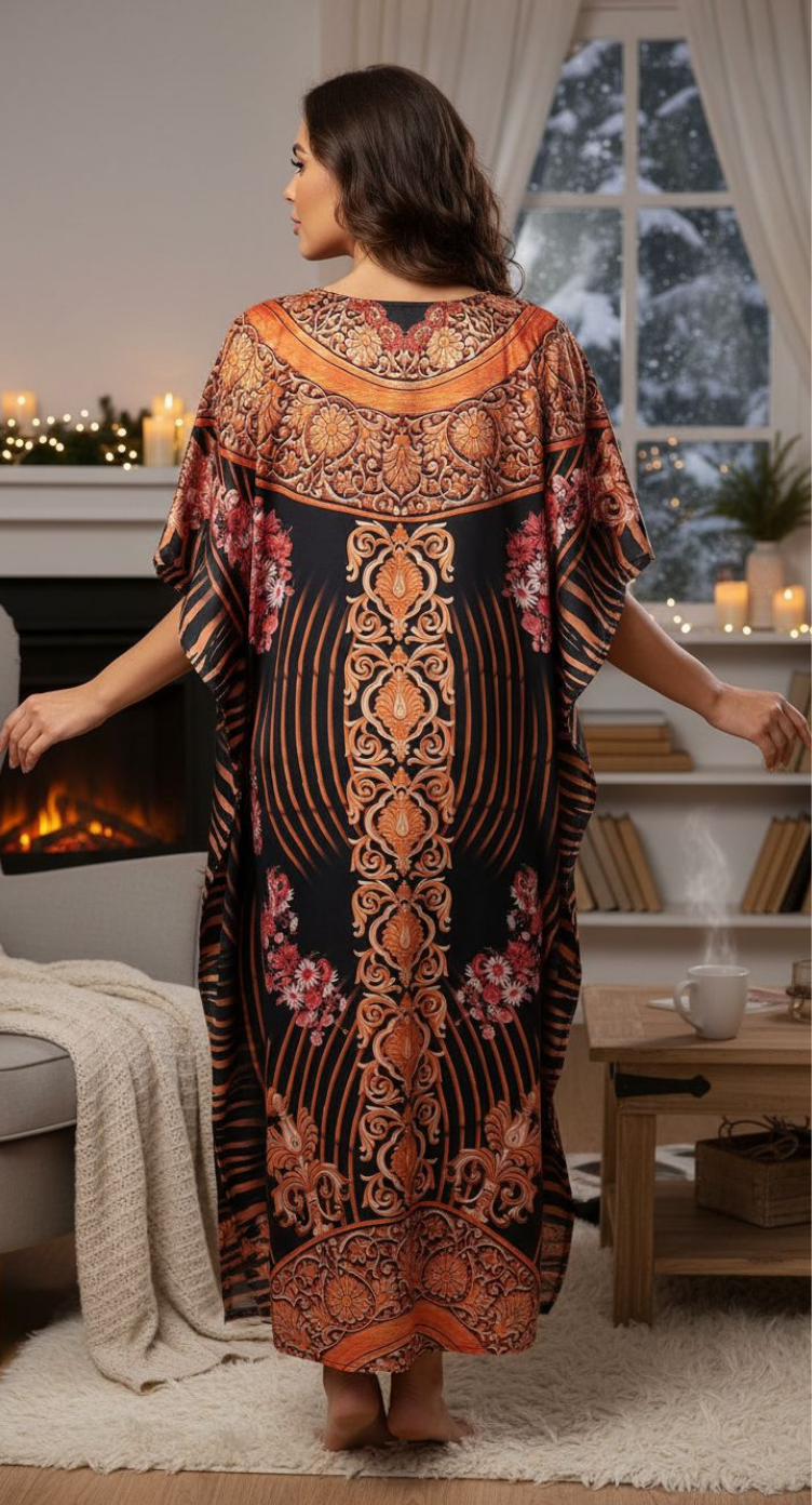 Black Baroque Satin Kaftan Dress for Women Plus Size