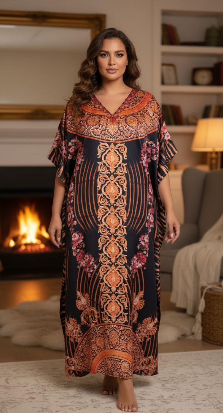Black Baroque Satin Kaftan Dress for Women Plus Size