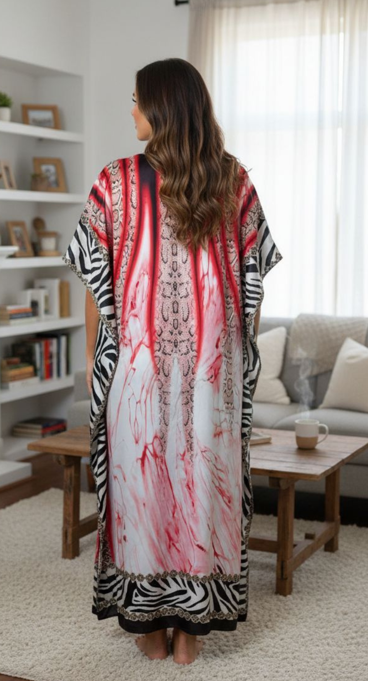 Red Ornamental Print Satin Women Plus Size kaftan Dress