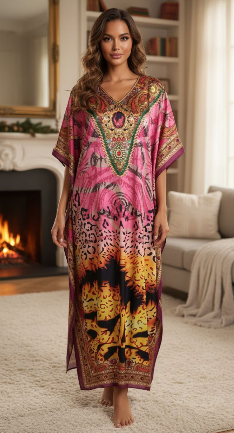 Pink Ornamental Print Satin Plus Size Kaftan Dress for Women