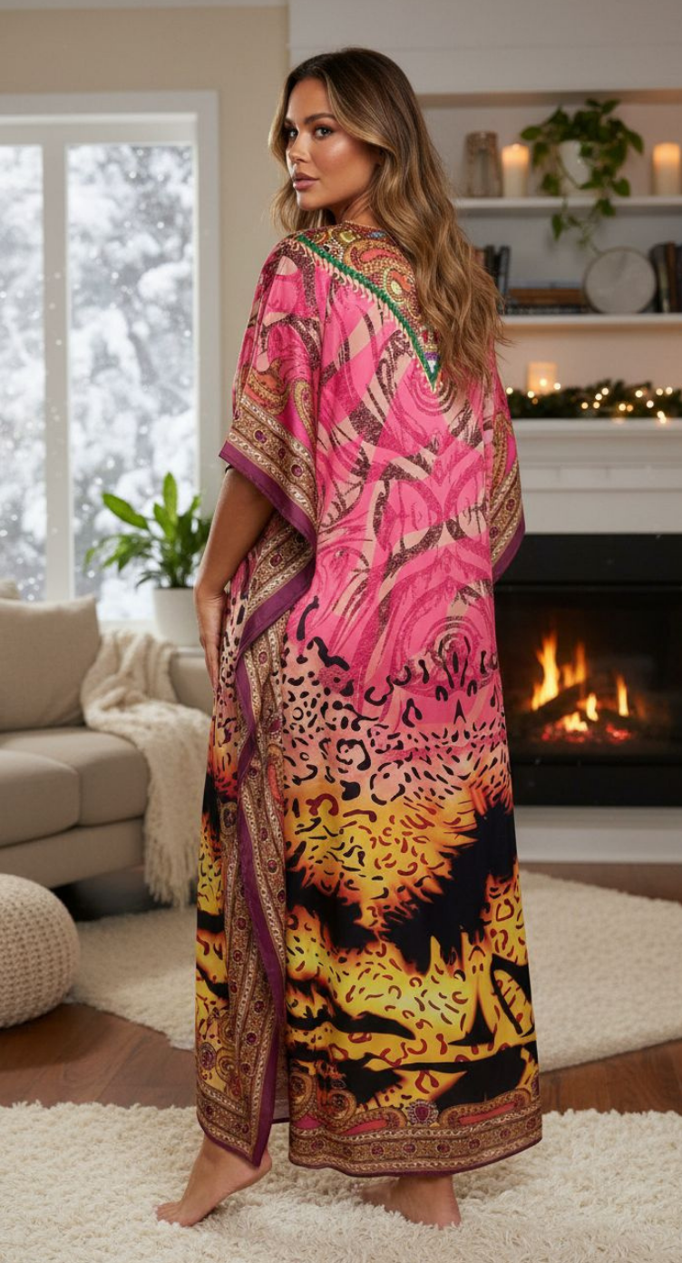 Pink Ornamental Print Satin Plus Size Kaftan Dress for Women
