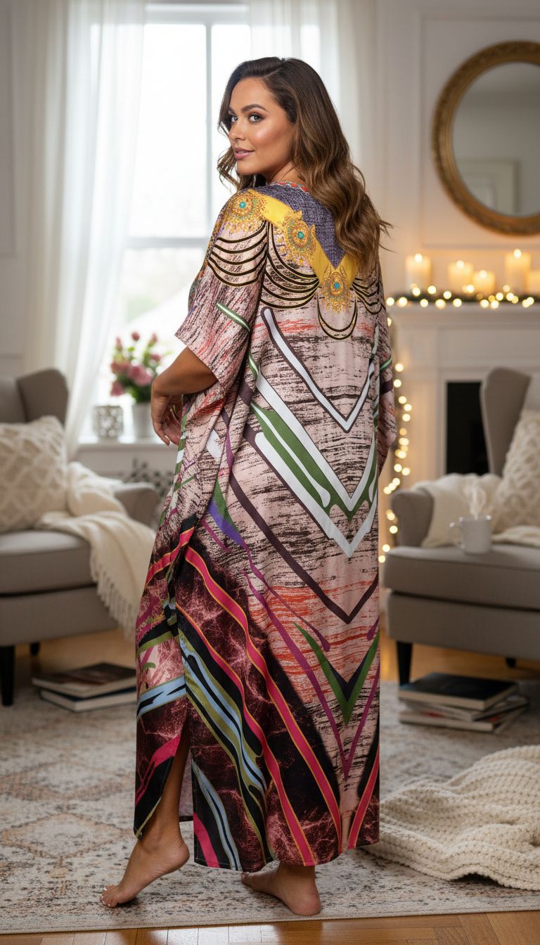 Light Pink Tribal Print Satin Women Plus Size Kaftan Brunch Dress 1X-3X