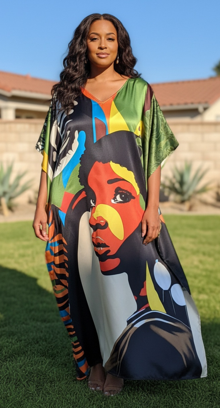 Multicolor Lady Print Satin Plus Size Kaftan Maxi Dress Resort Look