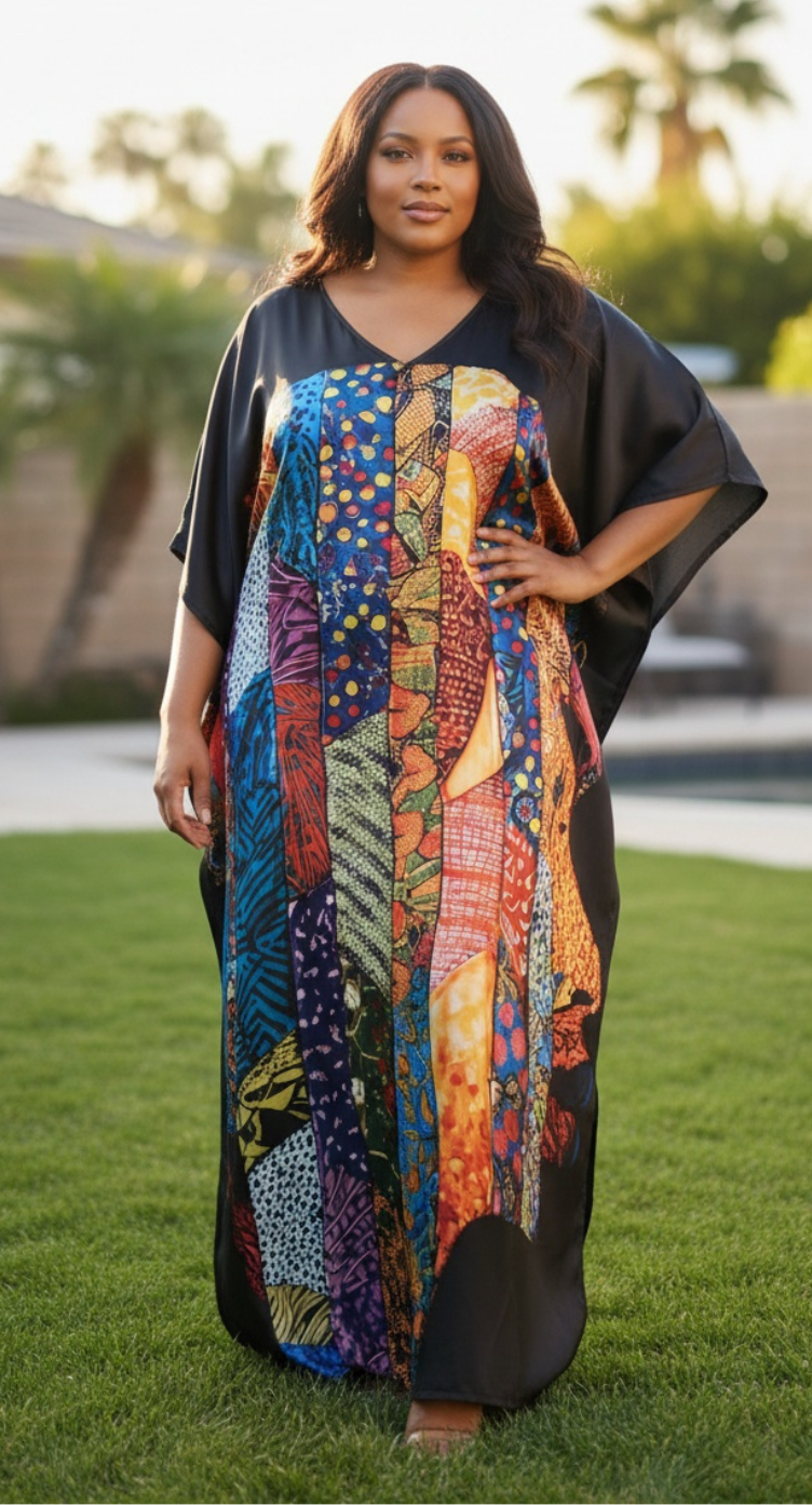 Black Abstract Print Satin Plus Size Kaftan Maxi Dress Lounge Nightwear