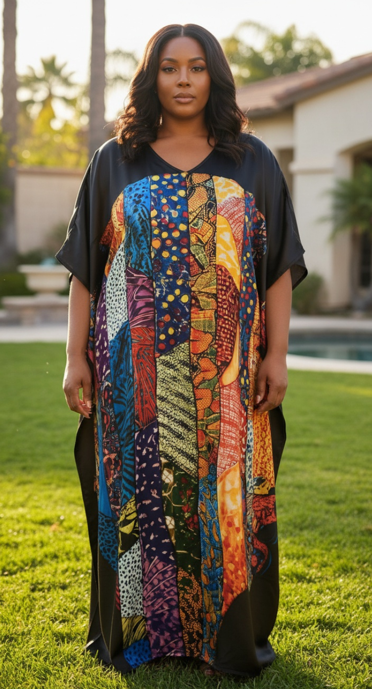 Black Abstract Print Satin Plus Size Kaftan Maxi Dress Lounge Nightwear