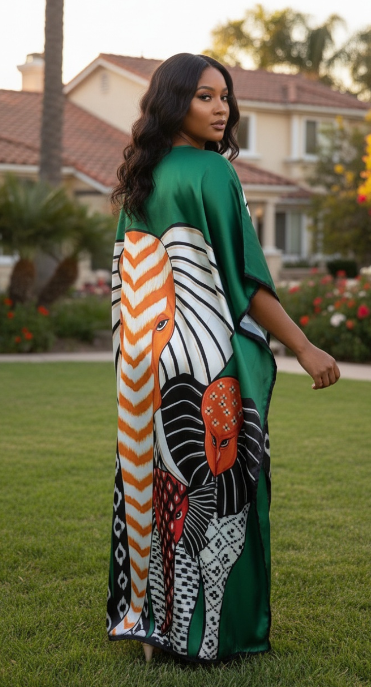 Green Animal Print Satin Plus Size Kaftan Maxi Dress Beach Cover Up