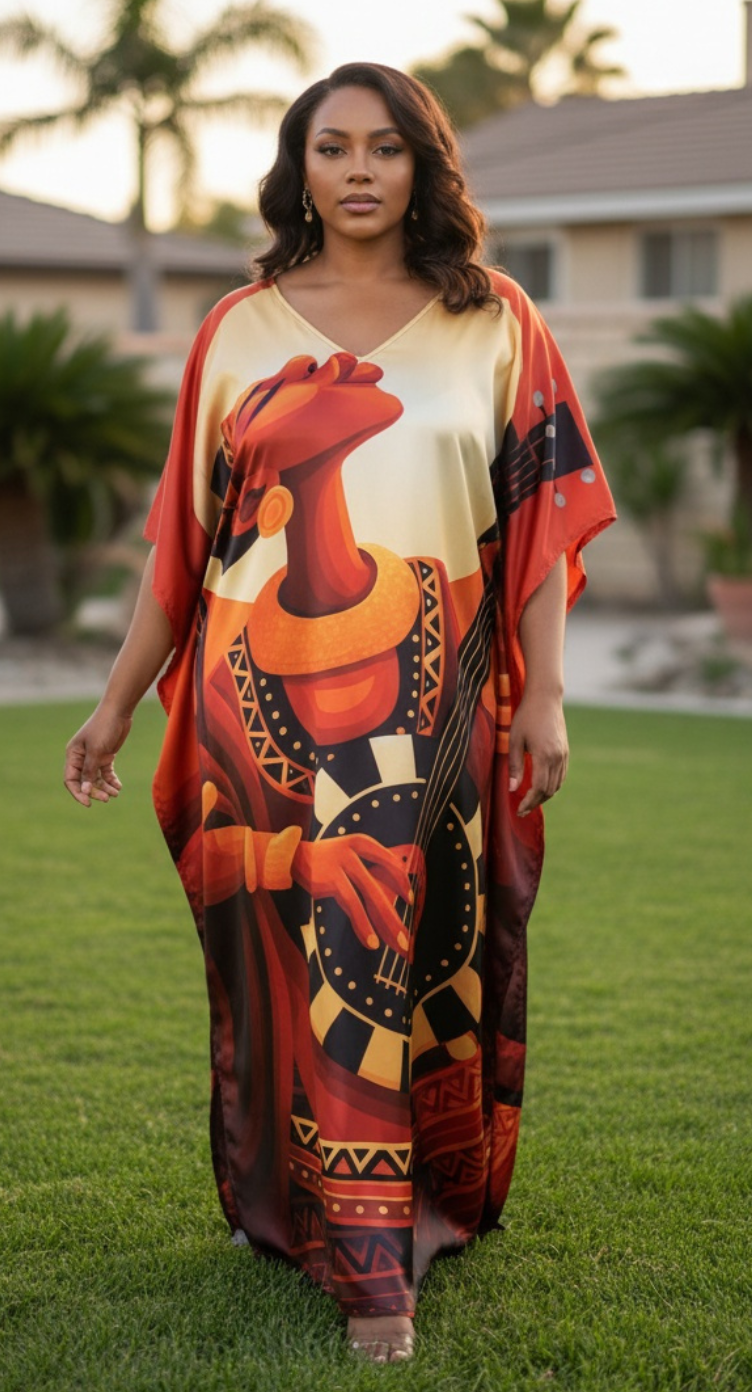 Yellow Tribal Print Satin Plus Size Kaftan Maxi Dress Festival Outfit