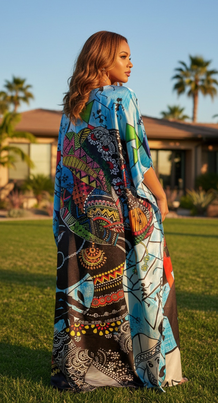 Sky Blue Tribal Lady Satin Women Plus Size Kaftan Maxi Dress African Style