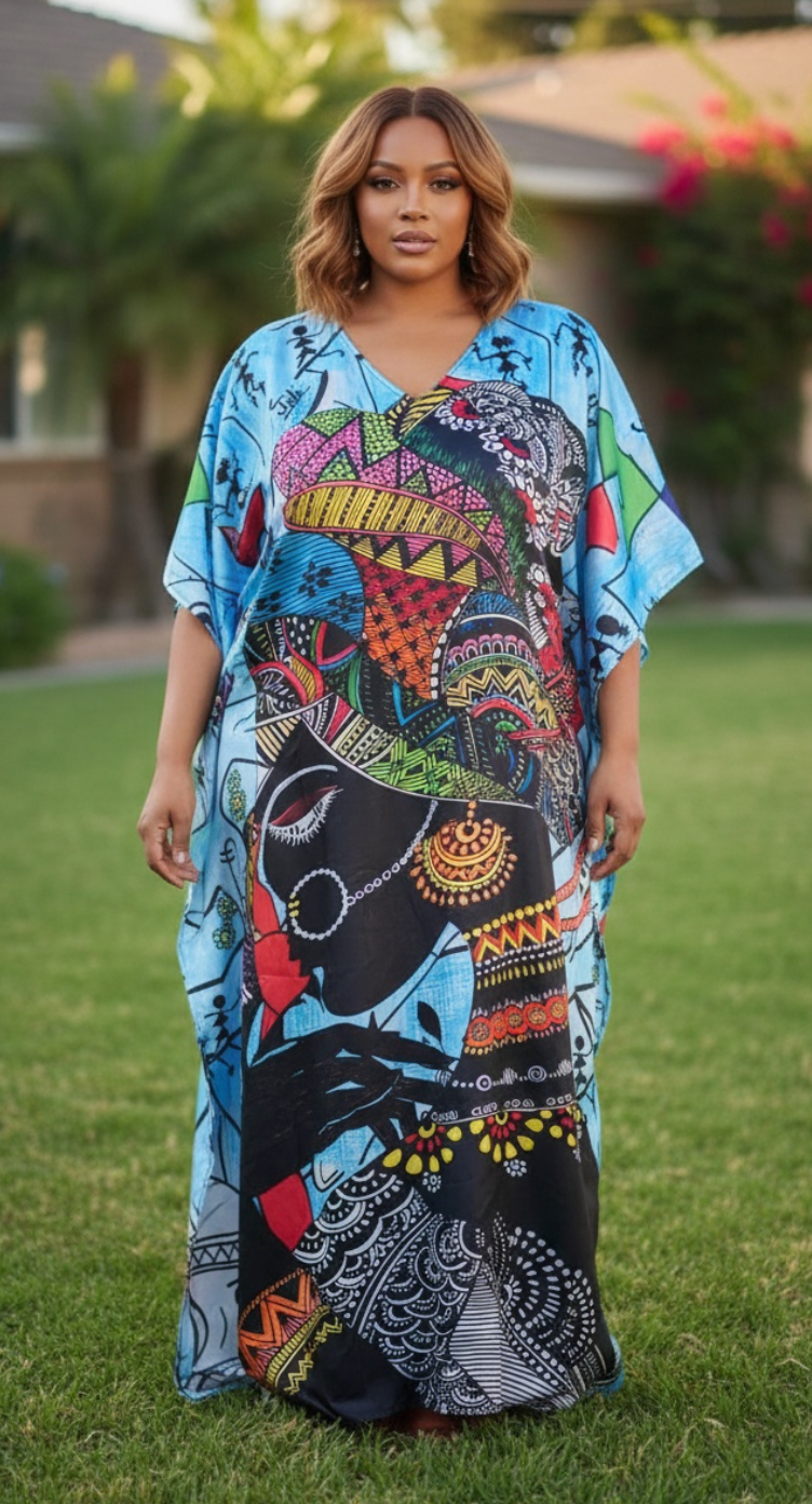 Sky Blue Tribal Lady Satin Women Plus Size Kaftan Maxi Dress African Style