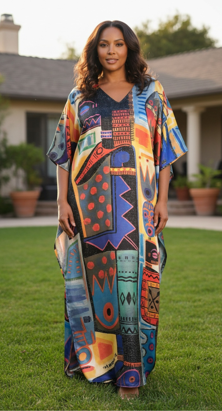Multicolor Geometric Satin Women Plus Size Kaftan Maxi Dress