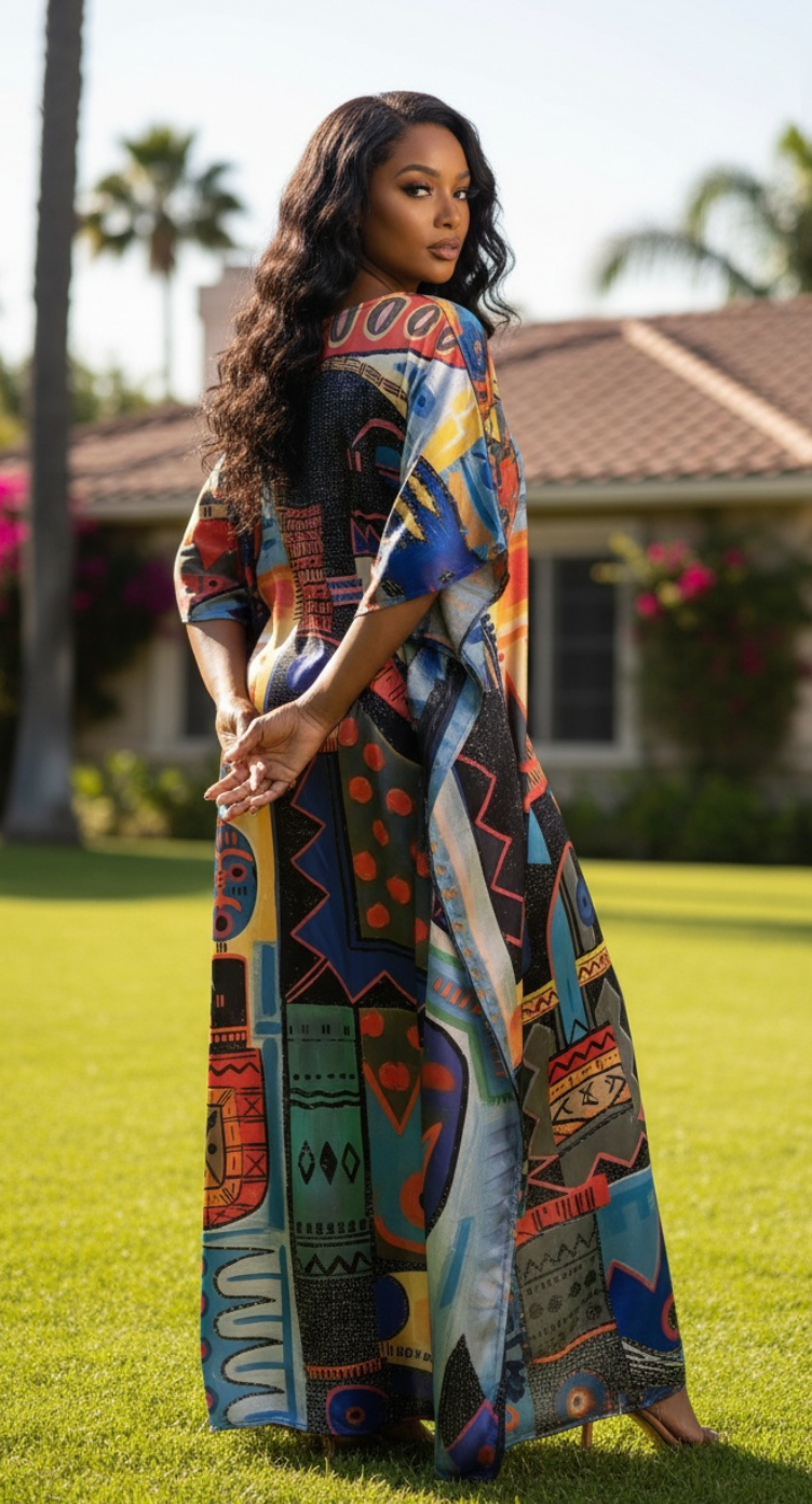 Multicolor Geometric Satin Women Plus Size Kaftan Maxi Dress