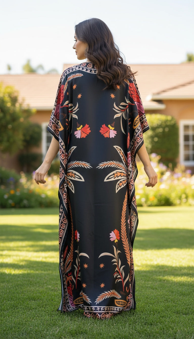 Leaf Black Satin Women Plus Size Evening Kaftan Maxi Vacation Resort